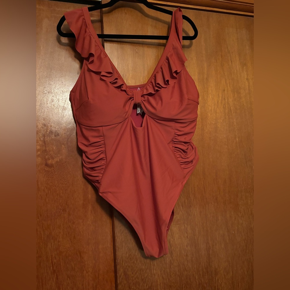 Charming Ruffled One Piece Swimsuit - Rust